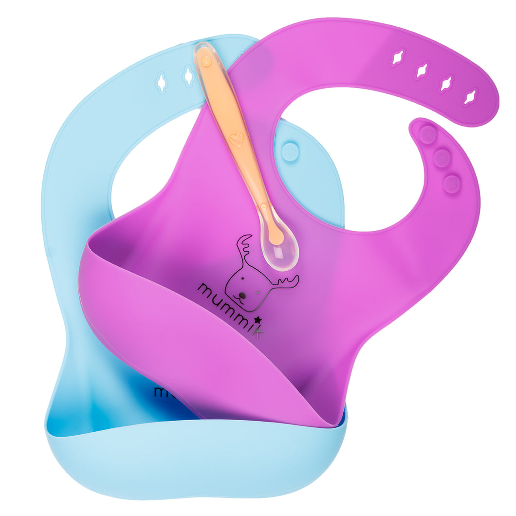 Set of 2 Waterproof Silicone Bucket Bib for Baby Boys & Girls! (Purple/Turquoise) | Bonus Feeding Silicone Spoon Included