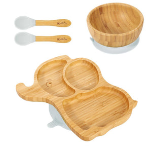 Bamboo Elephant Plate Bowl & Spoon Set Suction Bowl Stay-Put Design